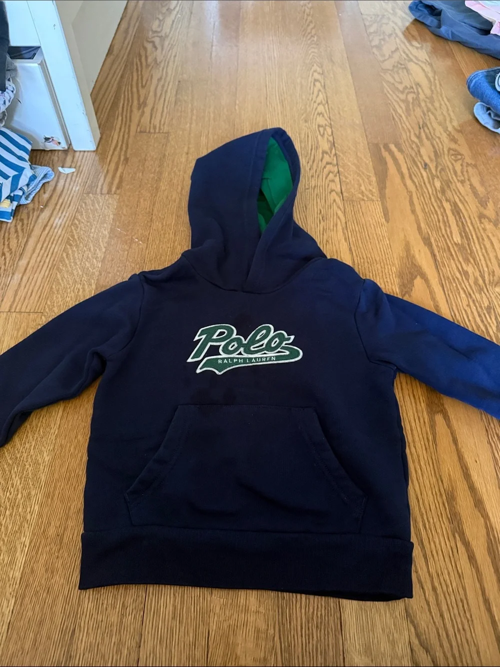 Ralph Lauren Navy Hoodie with Green Hood Lining and Polo Script